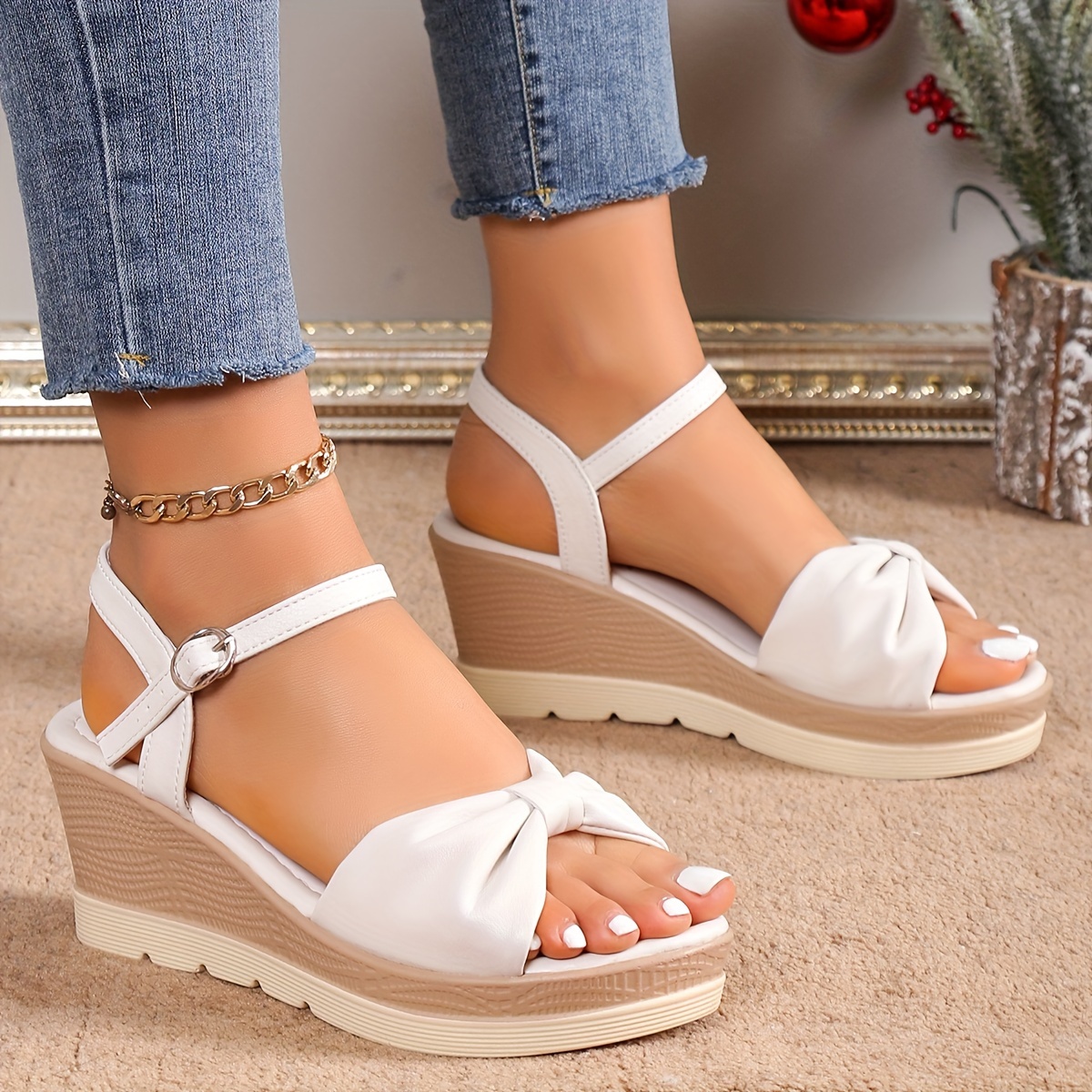 Women's Platform Wedge Heels, Flower Ankle Strap Round Toe High Heels,  Fashion Micro Suede Shoes