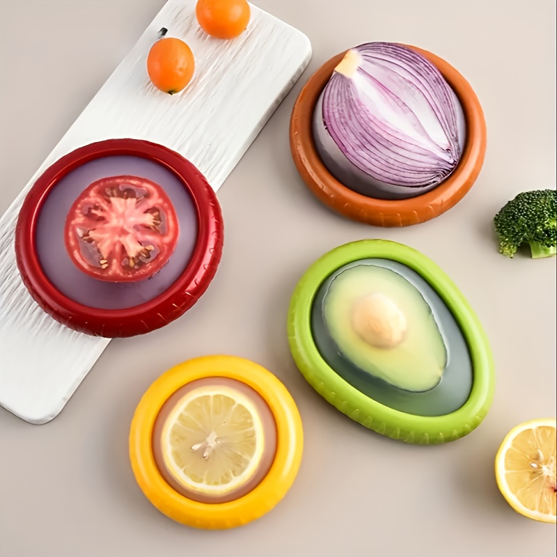 TEMU 4pcs Cute Avocado-shaped Tpu Food Savers - Reusable & Fruit And Vegetable Storage Containers, Colorful Freshness Extenders For Refrigerator, Hand-washable,