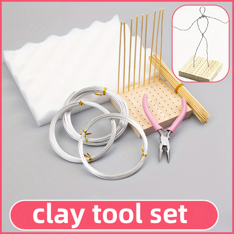 

1set Clay Sculpting Tool Kit With Precision Tweezers, Aluminum Wire, Bamboo Sticks, And Wooden Base Display Stand For Clay Modeling And Cartoon Figurine Creation