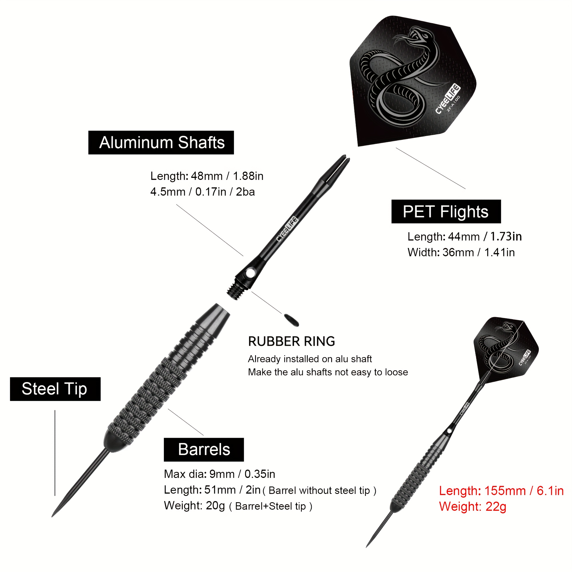 Cyeelife 3 Darts with Black Tail Fins, 24G Iron Dart Tubes, Hard Tip Darts