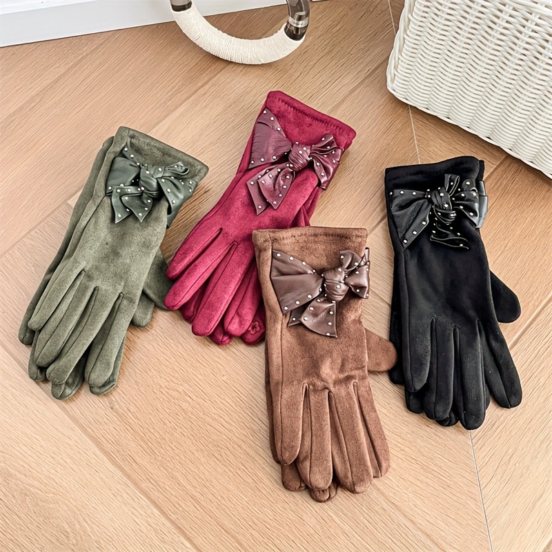 Bow Decor Thermal Gloves, Soft Warm Winter Gloves for Commuting