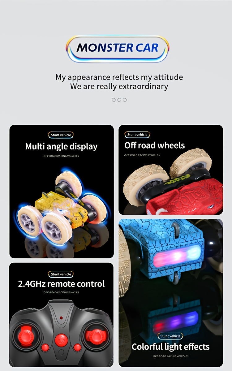 Remote Control Dinosaur Stunt Car, 2.4GHz Remote Control, 360° Flip Drift Monster Truck, All-terrain Four-wheel Drive, Rechargeable Battery, Cool LED Lights, Suitable For Children 6 Years And Above