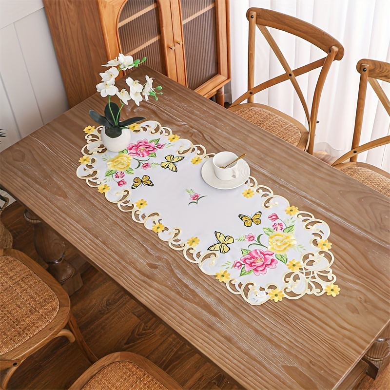Image of 1pc Hand-embroidered & Table Runner - Elegant Hand-cut Stems & Buds, Polyester Fabric Suitable For Dining Table, Wedding, Birthday Party Decor - Rectangular Table Cover, - Decorative Centerpiece