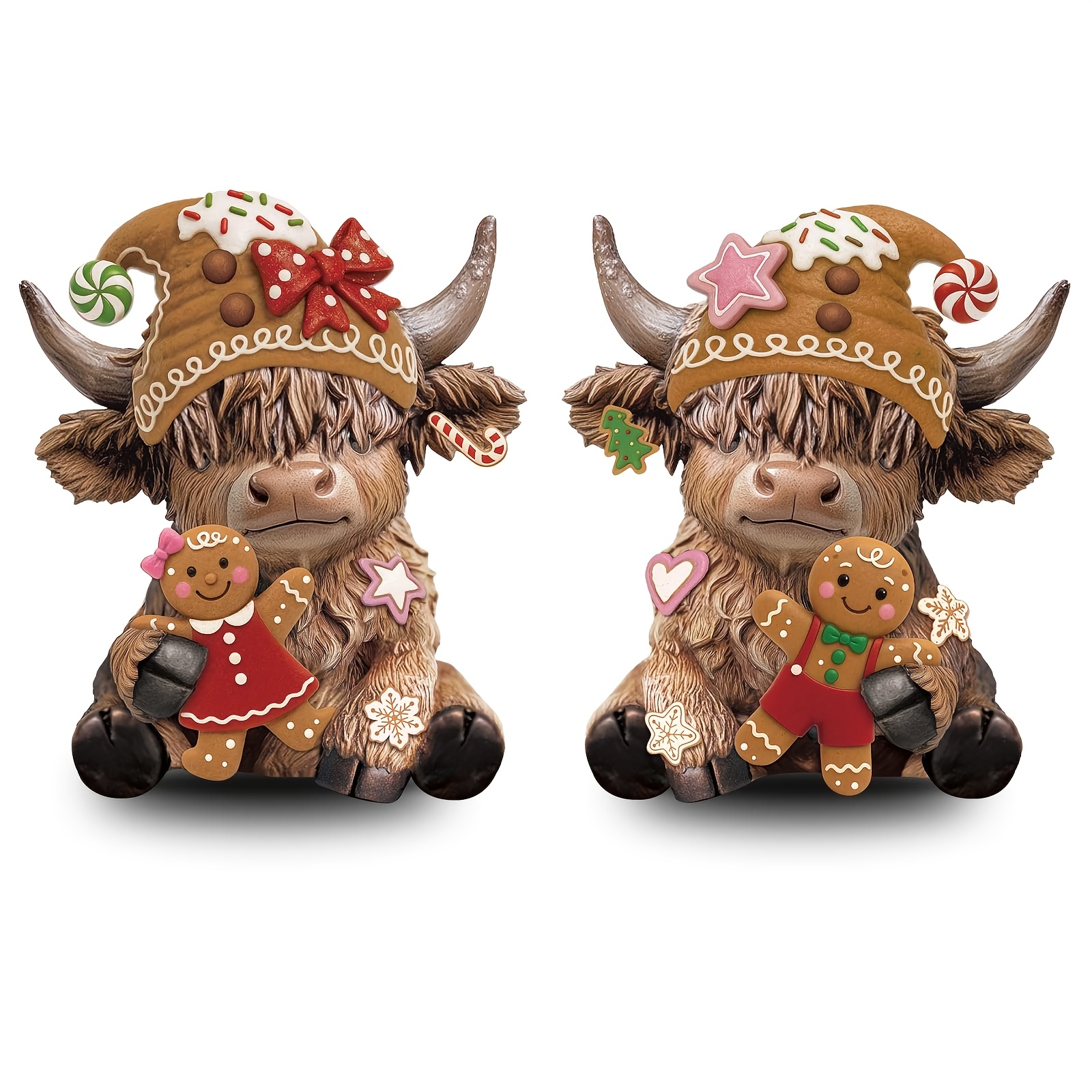 TEMU 2pcs Wooden Scottish Highland For Cow Figurines, Gingerbread Christmas For Cow Ornaments, Farmhouse Tabletop Decorations, Tiered Tray Decor For