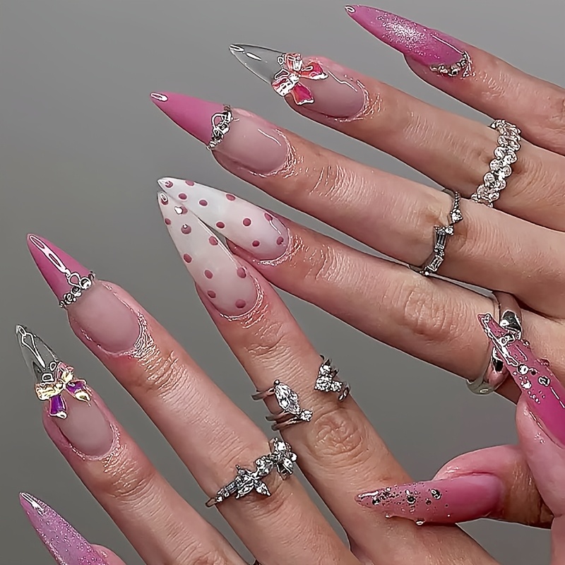 TEMU 24pcs Y2k Valentine's Cat Eye's Nails Stiletto/almond Press On Acrylic Nail Long Surface Glossy Xxl/xxxl Pink Tips Design Summer Nails Reusable