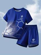 little boy casual football pattern round neck short sleeve t shirt and shorts sports suit outdoor