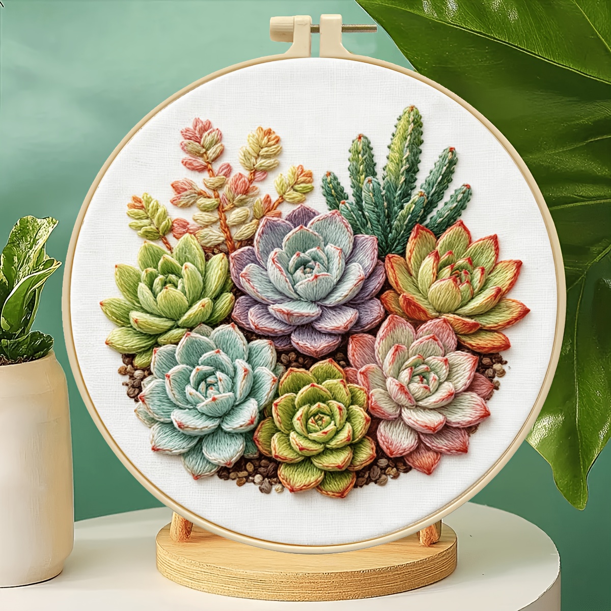TEMU 1 Set Embroidery Kit, Succulent Pile Handmade Material Pack, Beginner Full Tool Set, Plant Home Decoration Decompression Handmade Hanging