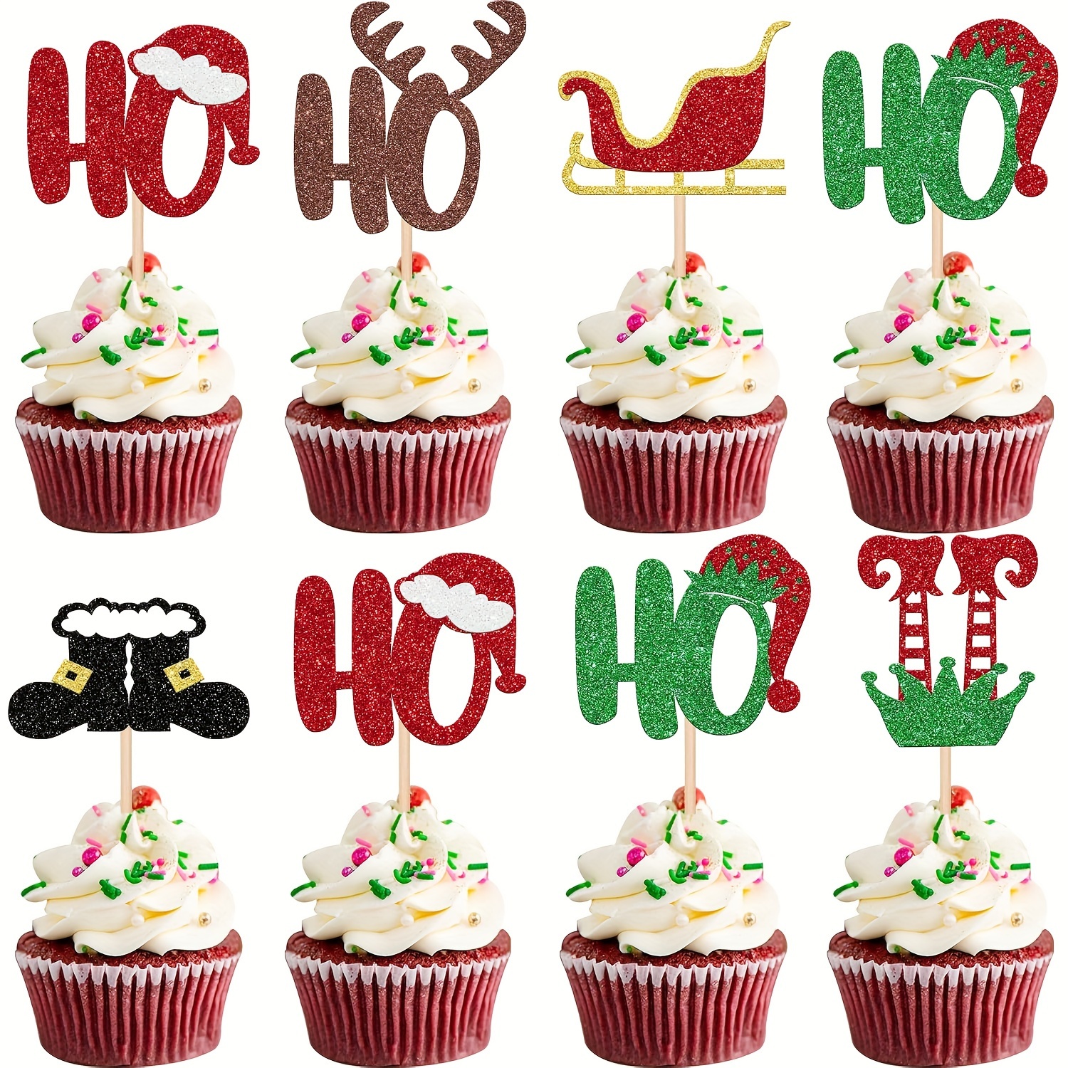 

24pcs Glitter Christmas Cupcake Toppers Set - Santa, Elf Legs & For Holiday Parties And New Year Celebrations