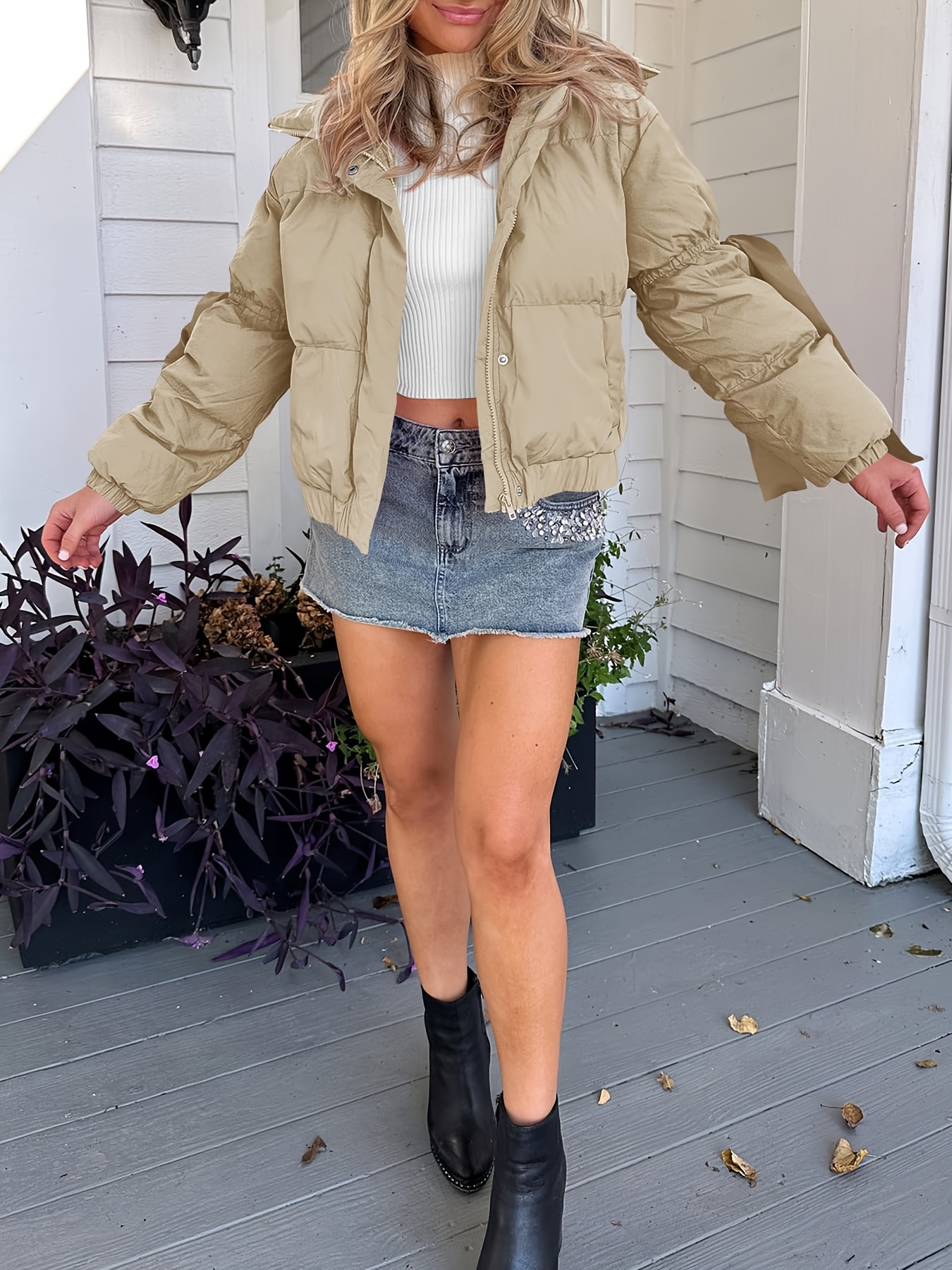 womens casual bow puffer jacket winter warm cropped quilted Temu