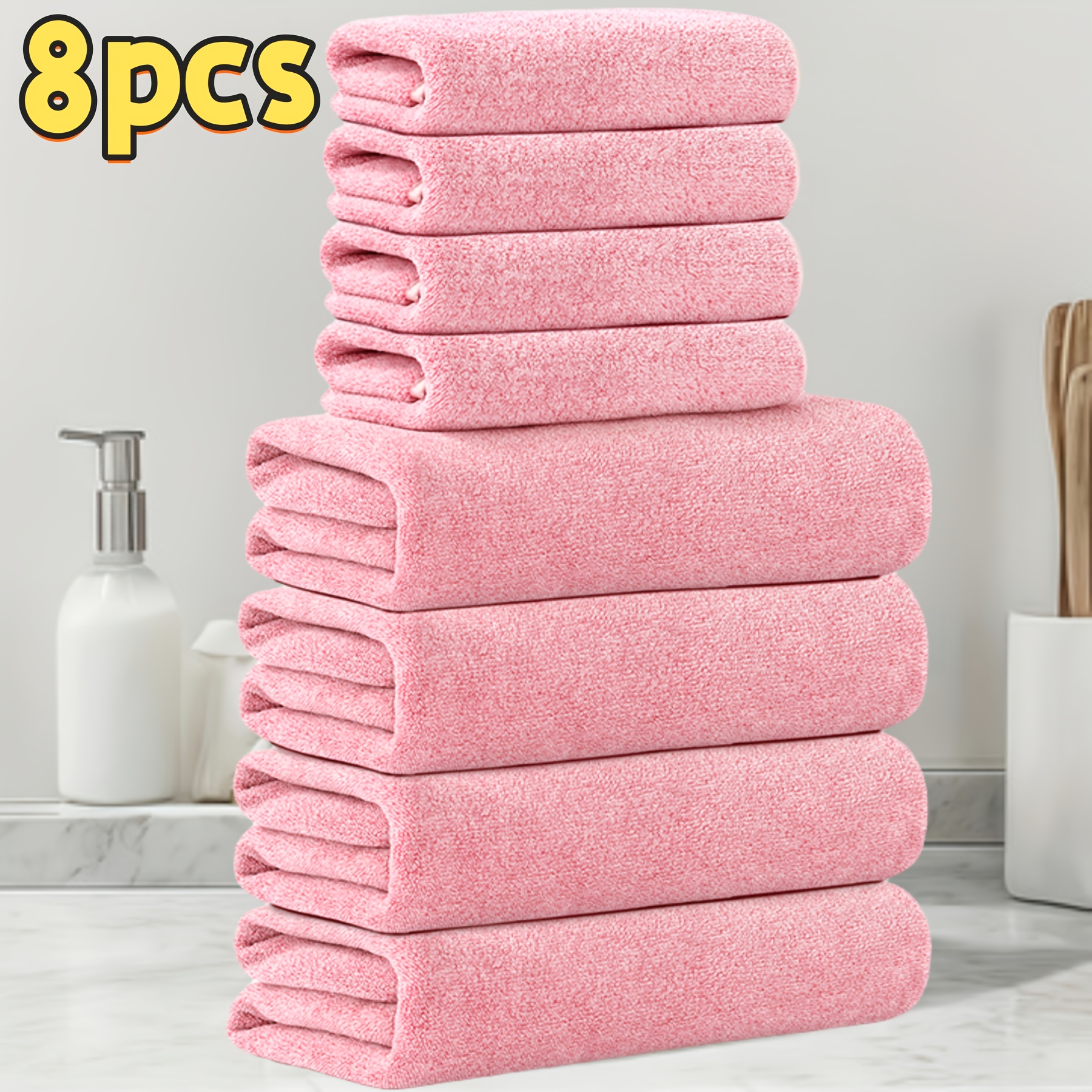 TEMU 8pcs Set Including 4 Hand Towels And 4 Bath Towels, Coral Material, Absorbent, Soft, Quick-drying, Soft And Comfortable, Bathroom Supplies,