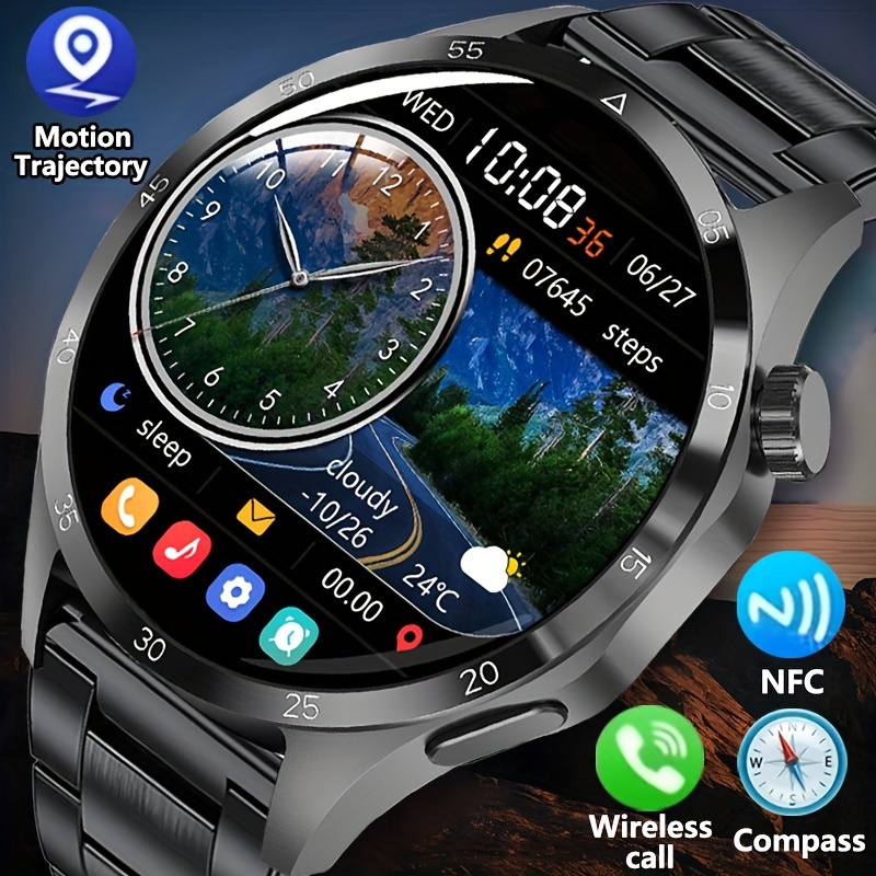 NFC Smart Watch For Men, GPS Motion Trajectory AMOLED 360*360 HD Screen, AI Voice Wireless Call, Compass Sport Fitness Tracker Smart Watches_voghion.com