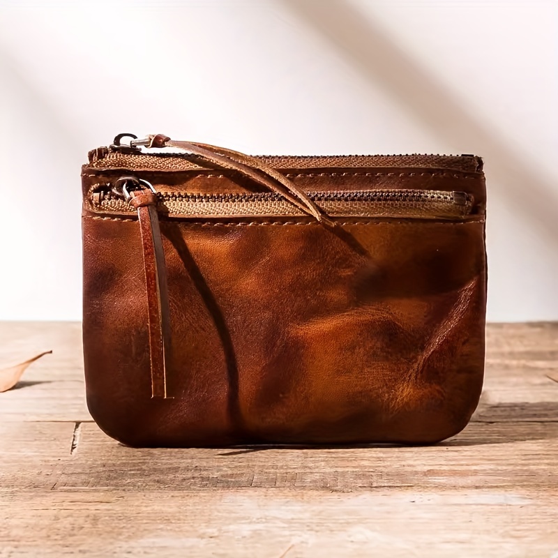 Image of Retro Top Layer Cowhide Vegetable Leather Card Bag Double Zipper Coin Purse Handmade Genuine Leather Distressed Small Wallet