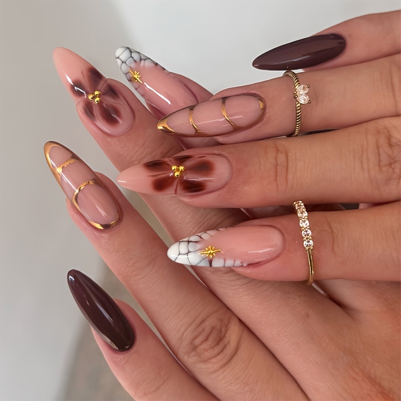 TEMU 24pcs Y2k Flowers Nail Almond Press-on Acrylic Nails Medium Surface Glossy Brown Nail Tips Reusable Full Cover With Crocodile Print And Golden