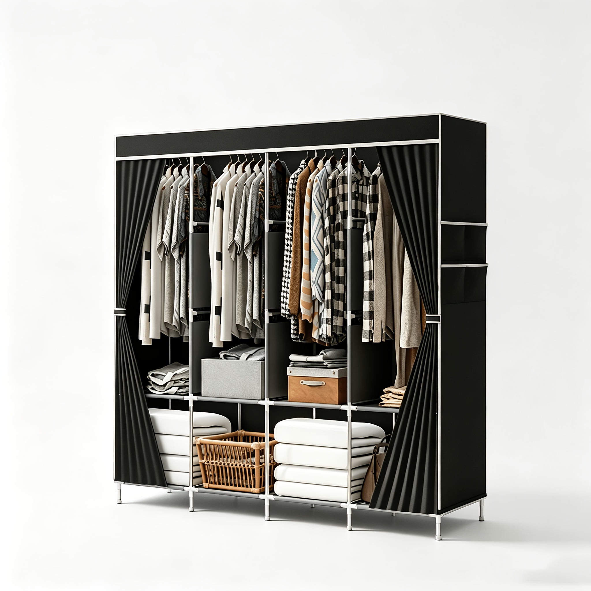 TEMU Portable Fabric Wardrobe, Heavy Duty Galvanized Clothes Storage Organizer, Multi-compartment Open Shelf Garment Rack With Dust-proof Non-woven
