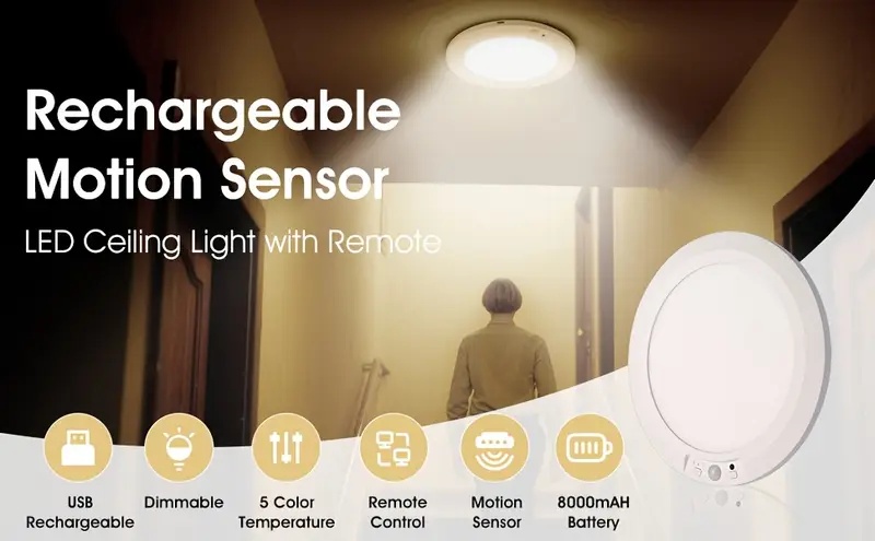 Smart Sensor Ceiling Light, with Remote Control, Timed Light Off, 3 Lighting Modes, 5 Color Temperature Adjustments for Light Brightness, 8000Mah Super Large Capacity Rechargeable, Magnetic Installation Without Drilling, USB Charging