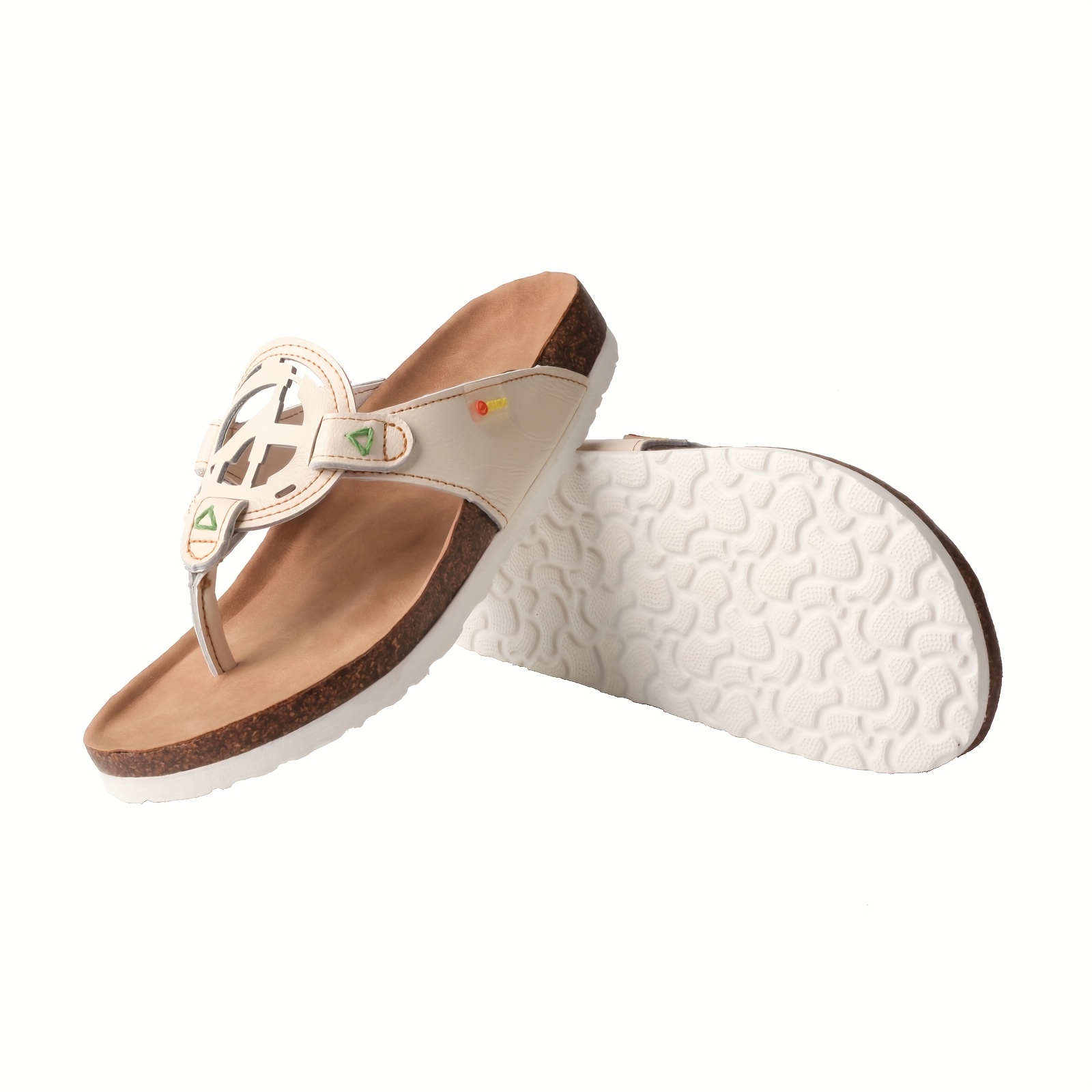   womens summer handcrafted anti slip comfortable casual hollow flip flops genuine leather upper insole eva sole split toe design beige with green stitching ladies sandals Product details 8