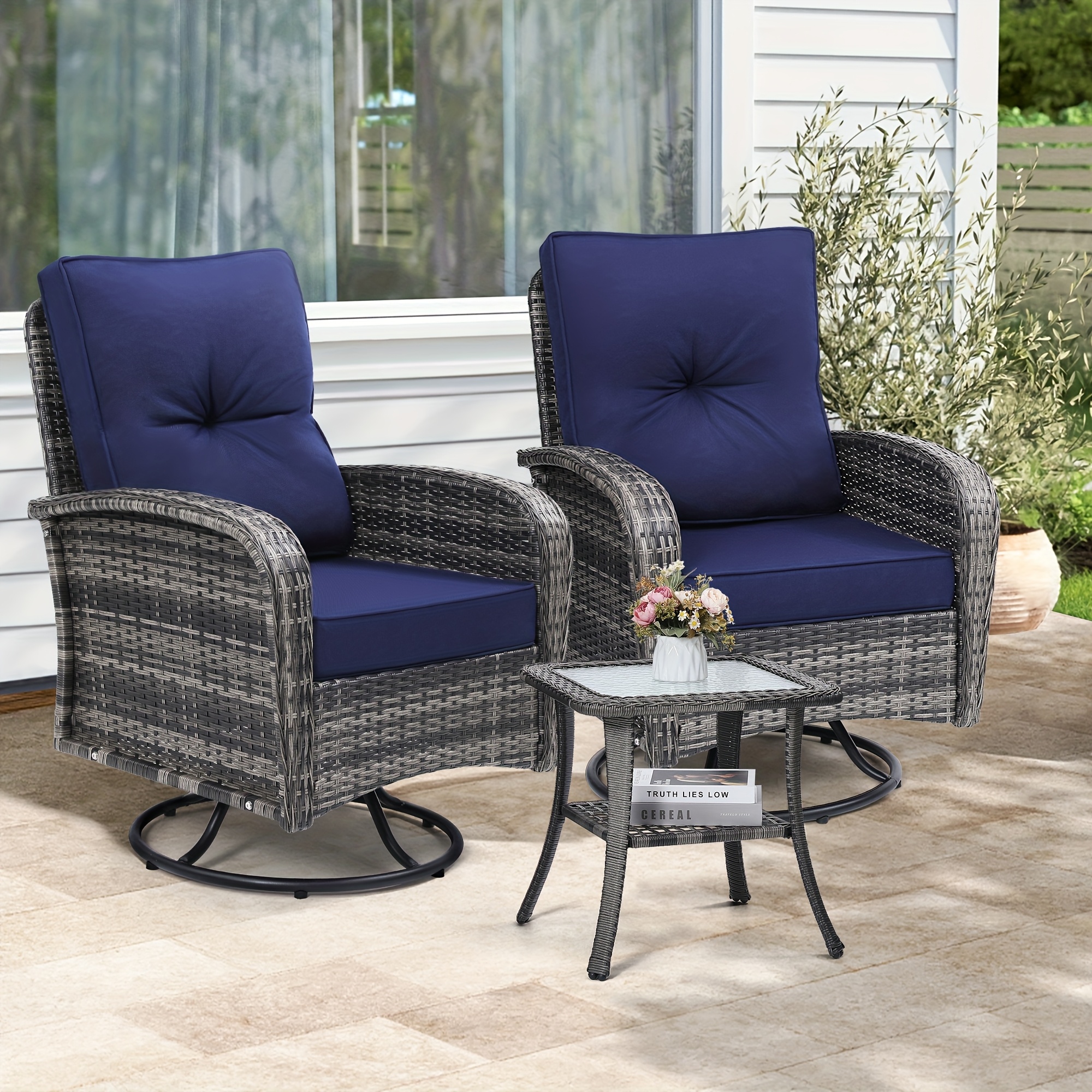 3pcs Patio Furniture Set, Outdoor Swivel Rocking Chairs with Glass Top Table and Thick Cushions for Porch, Deck, Balcony, Poolside, Patio Table And Chairs Set, Outdoor Dining Table And Chairs, Patio Chairs, Outdoor Furniture, Patio Set, Porch Seating, Deck Furniture, Cozy Outdoor Set, Swivel Chair, Garden Furniture Outdoor, Garden Chair, Outdoor Table And Chair Set, Bistro Patio Set, Patio Furniture Set Outdoor, Outdoor Patio Furniture Set, Small Patio Furniture Set, Front Porch Decor