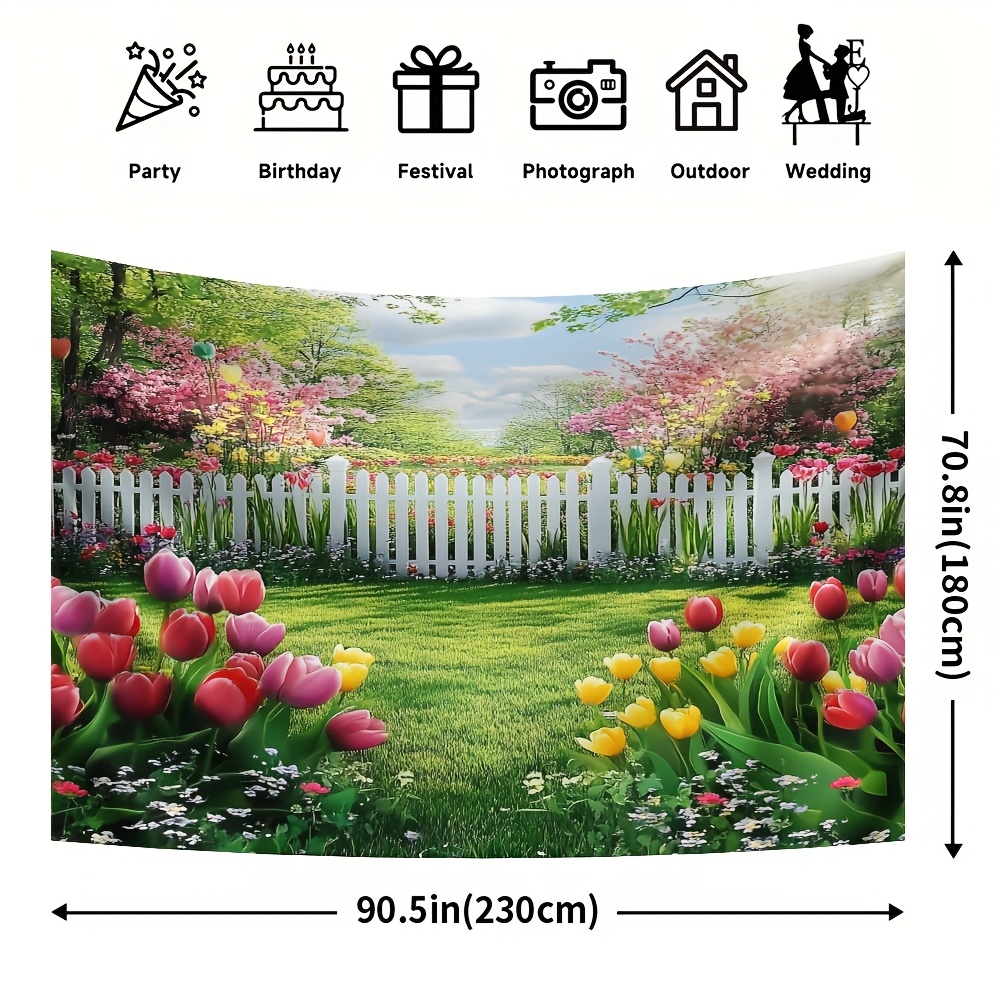 TEMU 1pc Fence Lawn Tulip Backdrop, Polyester Photo Booth Prop, No Power Needed, Easy To Hang For Party & Outdoor Decor, Featherless