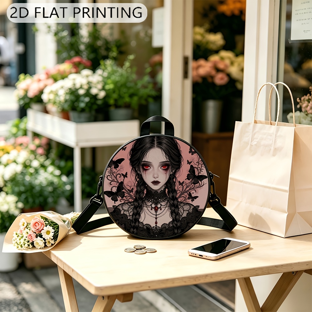 1개 2d 플랫 프린팅 여성용 라운드 숄더백 다크 고스 및 블랙 나비 패턴 메신저백 레드 아이 레이스 프린트 레트로 다크 윈드 경량 라운드 숄더 백 여행 쇼핑 레저 여행 및 일상 사용에 적합