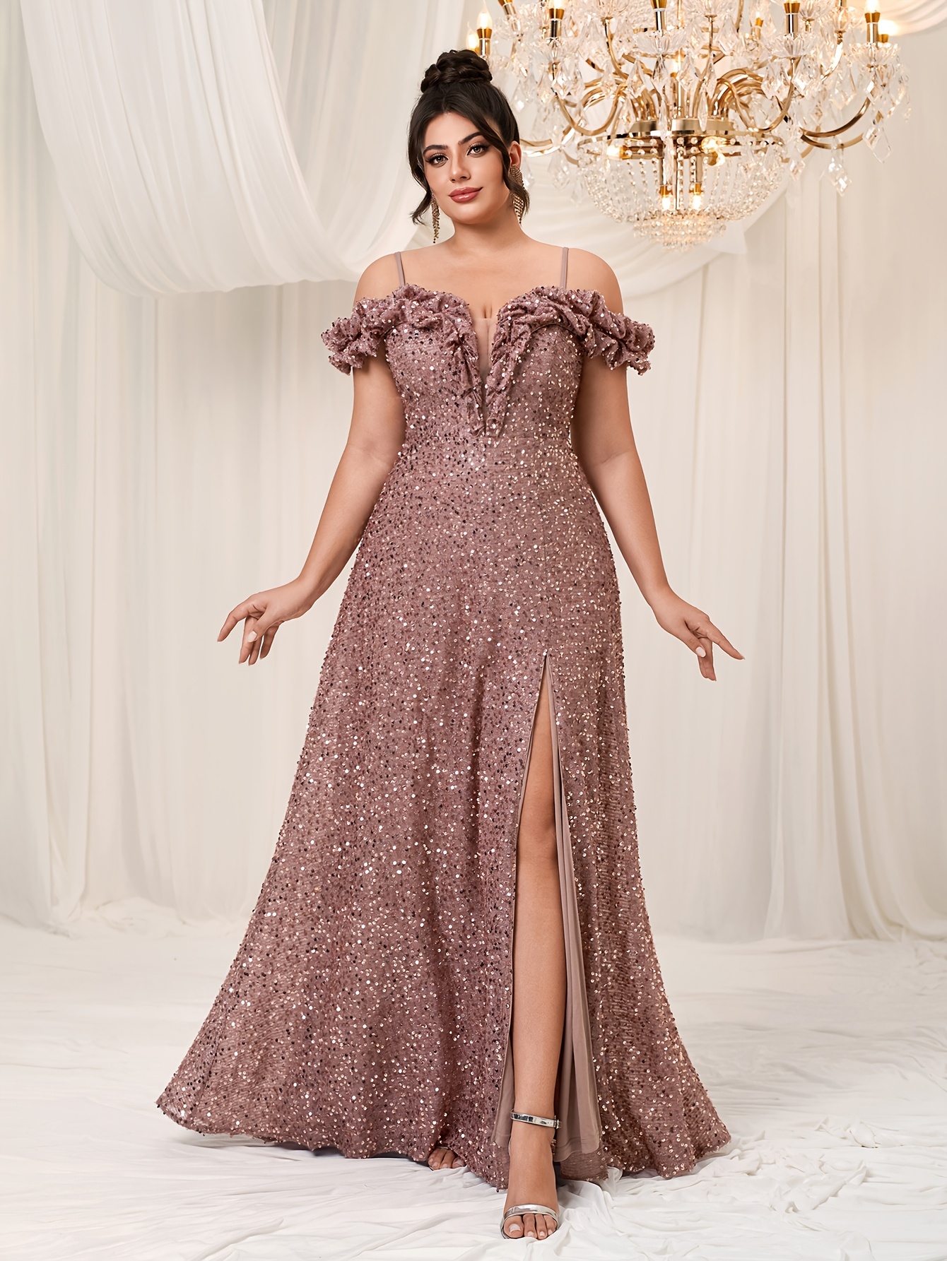 open lace back dress BABEYOND Cold-Shoulder 1920s Inspired Sequin Evening Gowns, Long Sequin Ceremony Formal Dresses, Black / Gold, Size 6