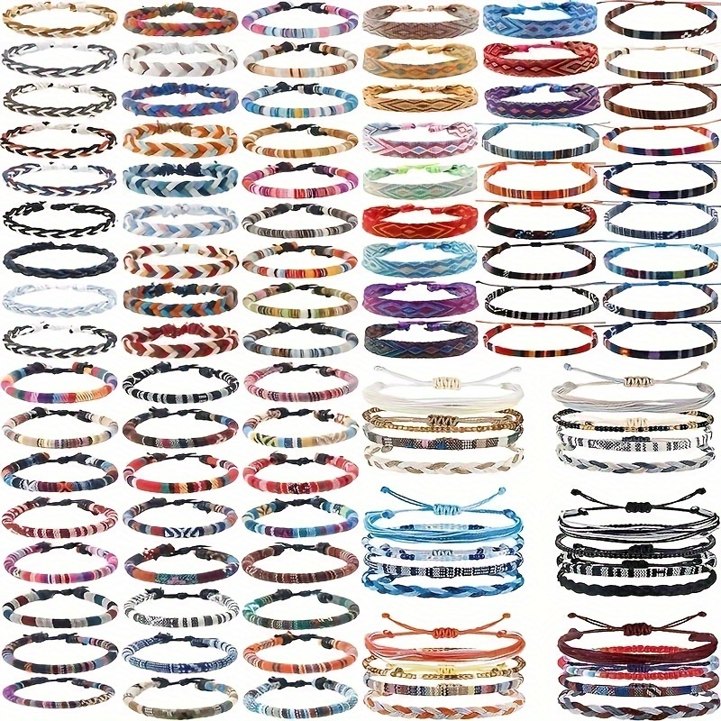 

12/24/36pcs/set Mixed Set Of Bohemian Hemp Braided Fabric Hand Rope Surfer Wave Bracelets For Men And Women