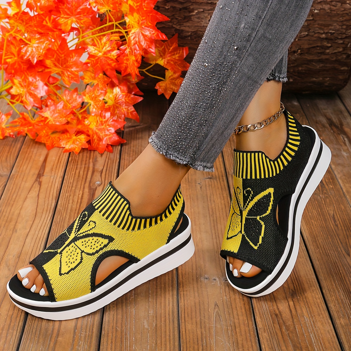 Women's Contrast Color Casual Sandals, Platform Slip On Knitted Walking Shoes, Butterfly Wedge Vacation Shoes