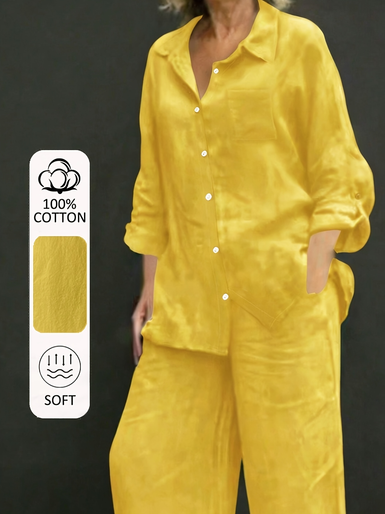   outfit for women featuring a solid color relaxed long sleeve top   with wide leg trousers this easy yet stylish ensemble   from soft comfortable fabric   vacations dates home or the office