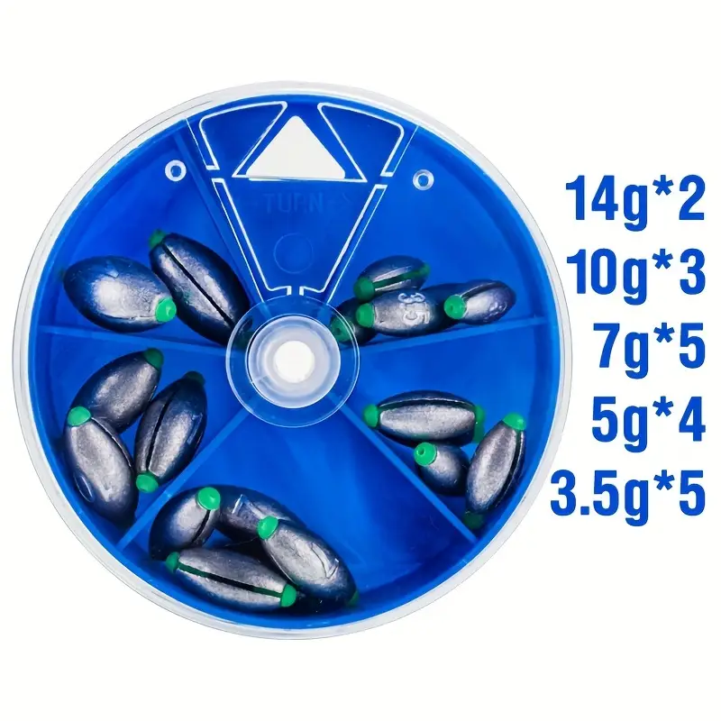 19pcs/box Fishing Lead Sinker With Storage Box, Olive-shaped Fishing Weights, Fishing Accessories