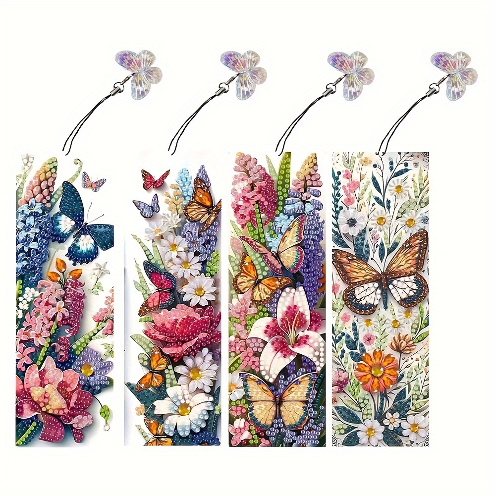 

Diy 5d Diamond Painting Bookmark Kit - 4pcs Set With Lavender, Lily & Daisy Designs, Includes Butterfly Pendant - Craft Your Own Sparkling Bookmarks For Readers And Crafters