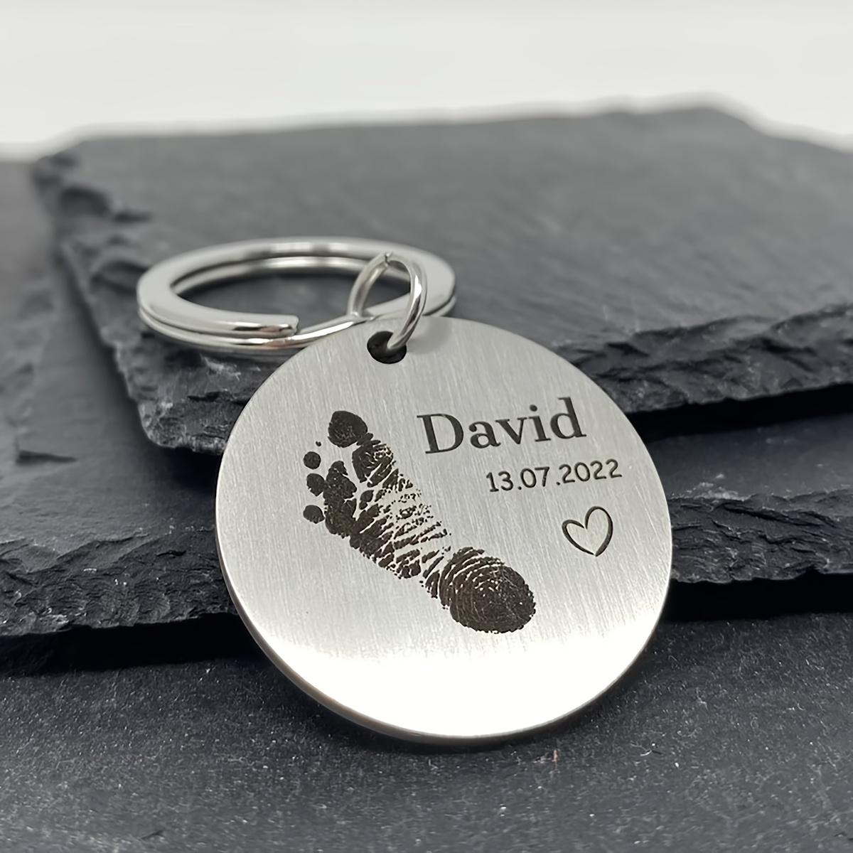 Customized Keychains with Engraved Date, Name, and Footprint