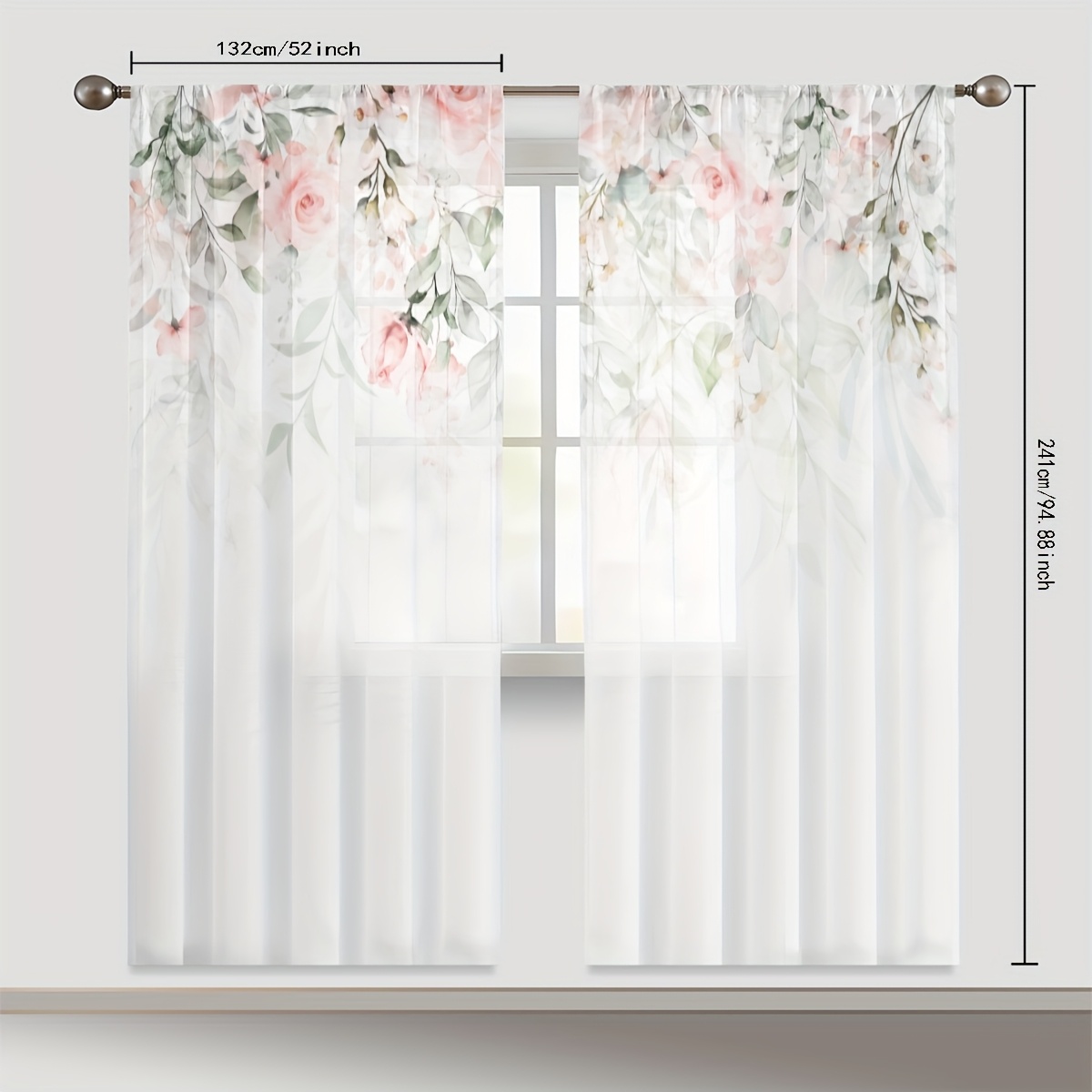 TEMU 2pcs Hand-painted Red Flower Leaf Curtain Curtain, Bar Gauze Curtain, Living Room Bedroom Curtain, Room Decoration, Party Festival Decoration,