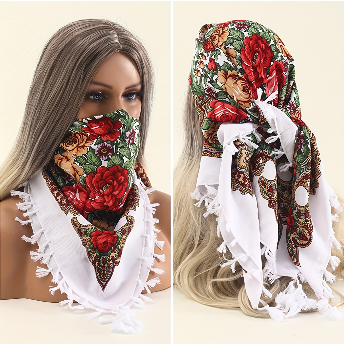 Image of 35.4" Square Scarf Flower Printed Tassel Shawl Vintage Elegant Style Windproof Sunscreen Headscarf For Women