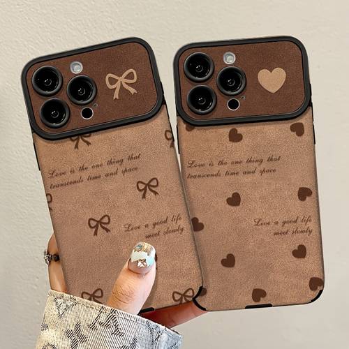phone case 1 full screen english text brown heart bow phone case soft case with lychee texture minimalist high end cushioning suitable for iphone 17 pro max case iphone 16 pro max case 14 pro case 13 pro case 12 11 iphone