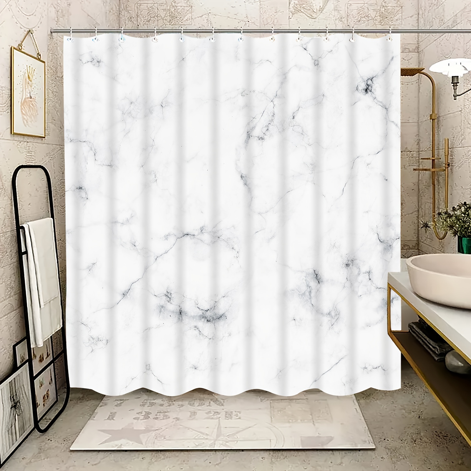 

Marble Pattern Shower Curtain Set With Hooks - Hand Wash Only, Water-resistant Polyester, Knit Weave, Artistic Bath Decor Accessory, All-season, Hand Wash Only, No Lining Required