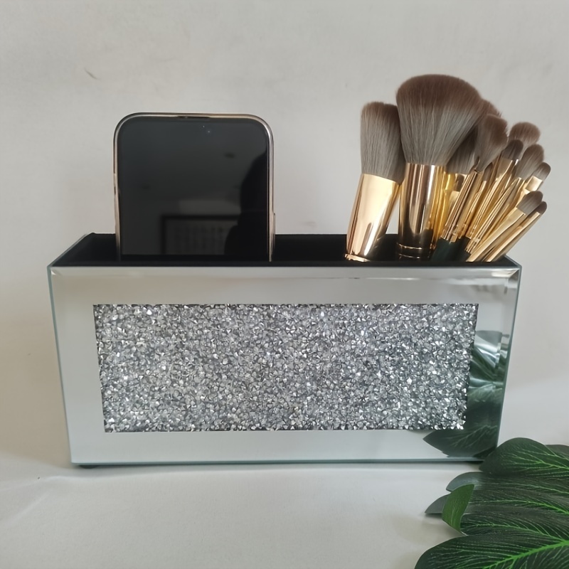 

Glass Makeup Brush Holder Organizer With Dustproof Lid And Bling Crystal Decoration - Elegant Storage Container For Eyeshadow, Eyebrow, And Cosmetic Brushes (silver)