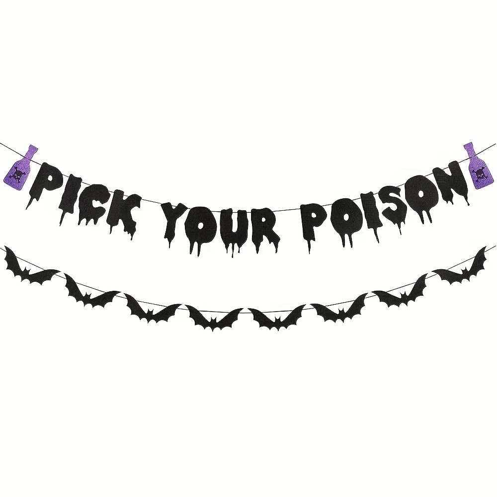 TEMU 1set Black Glitter Pick Your Poison Banner - Halloween Banner With Bottle And Black Glitter Bat Decorations, Photo Backdrop For Wall Home Mantel