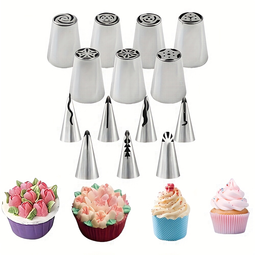 Image of 14pcs Cake Decorating Tools, Including 7pcs 1.2-inch Extra Large Piping Nozzles And 7pcs Trendy Shaped Nozzles, Suitable For Home Baking, Butter Cream Frosting