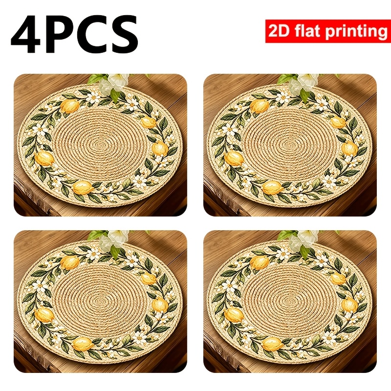 TEMU 4pcs 2d Printed Placemats Rattan Lemon Circle-37cm Polyester Table Mats, For Home Decor, Wedding, Anniversary, Festival, Banquet, And Party