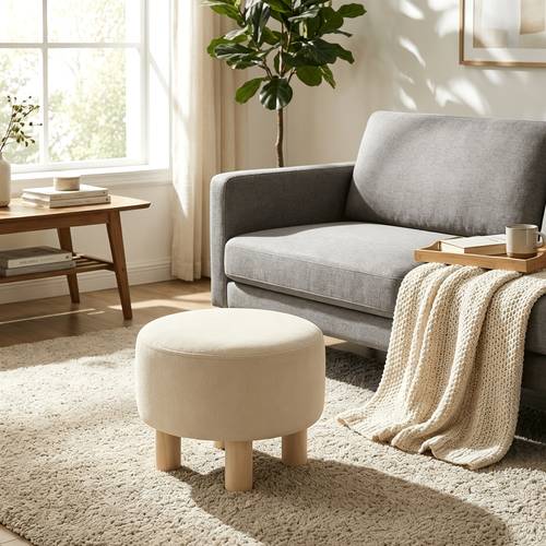 round ottoman footrest stool with soft velvet upholstery solid wood legs compact multifunctional pouf suitable for living room bedroom entryway base for couch bed seating space saving