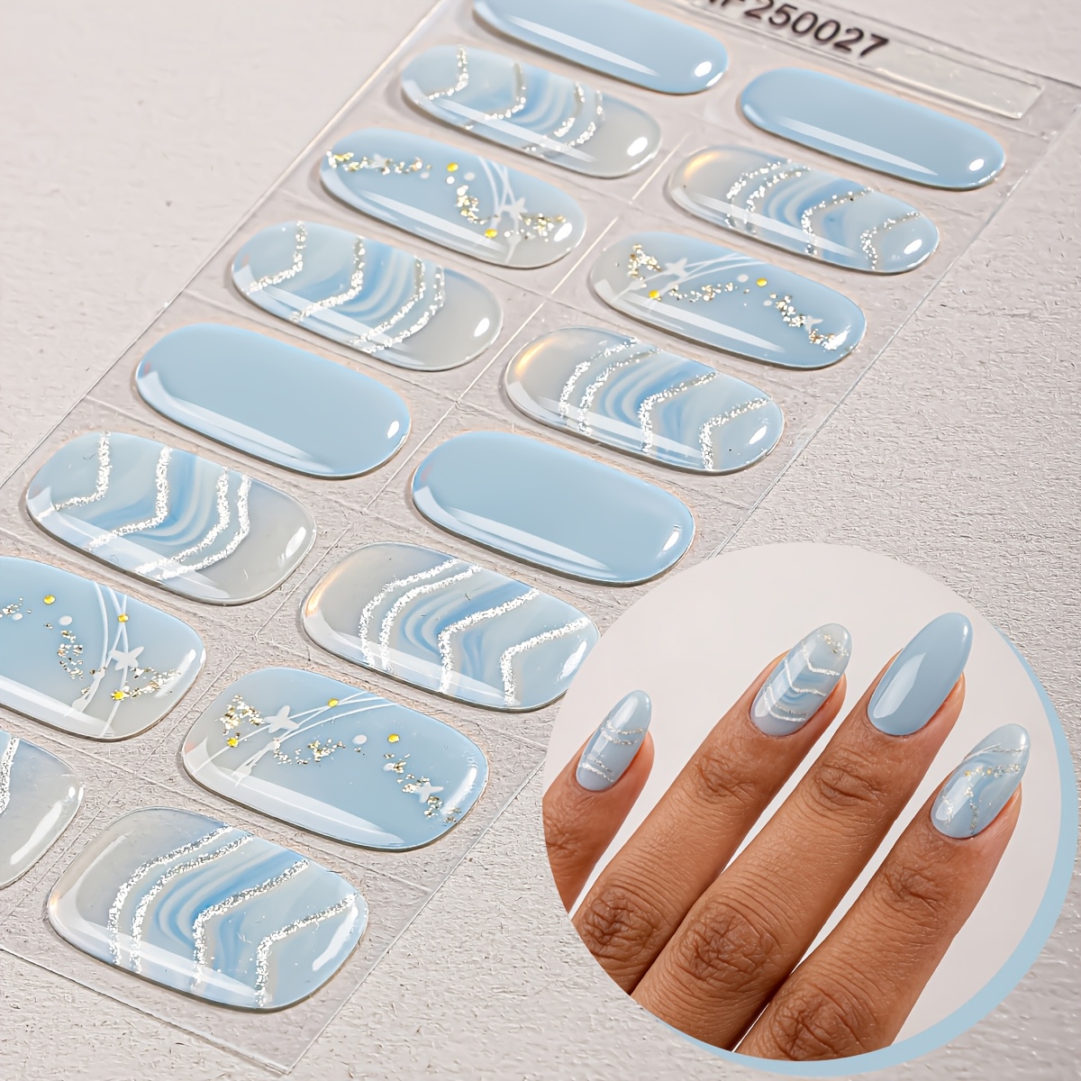 Image of 16pcs Spring/ Waves Semi-cured Gel Nail Strips, Fresh Luxurious Style Nail Stickers, Self-adhesive, Easy To Apply, Suitable For Women And Home Diy Manicure
