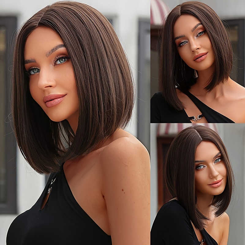 

Chic 14-inch Short Bob Wig For Women - Elegant Highlights, Middle Part, Heat-resistant Synthetic Fiber, Perfect For Daily Wear & Cosplay