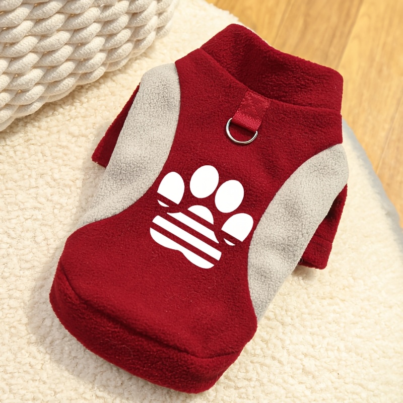 TEMU Cute Paw Print Dog Fleece Sweatshirt, Warm Pet Clothes With Leash Ring, Cozy Winter Pullover For Small Dogs And Cats