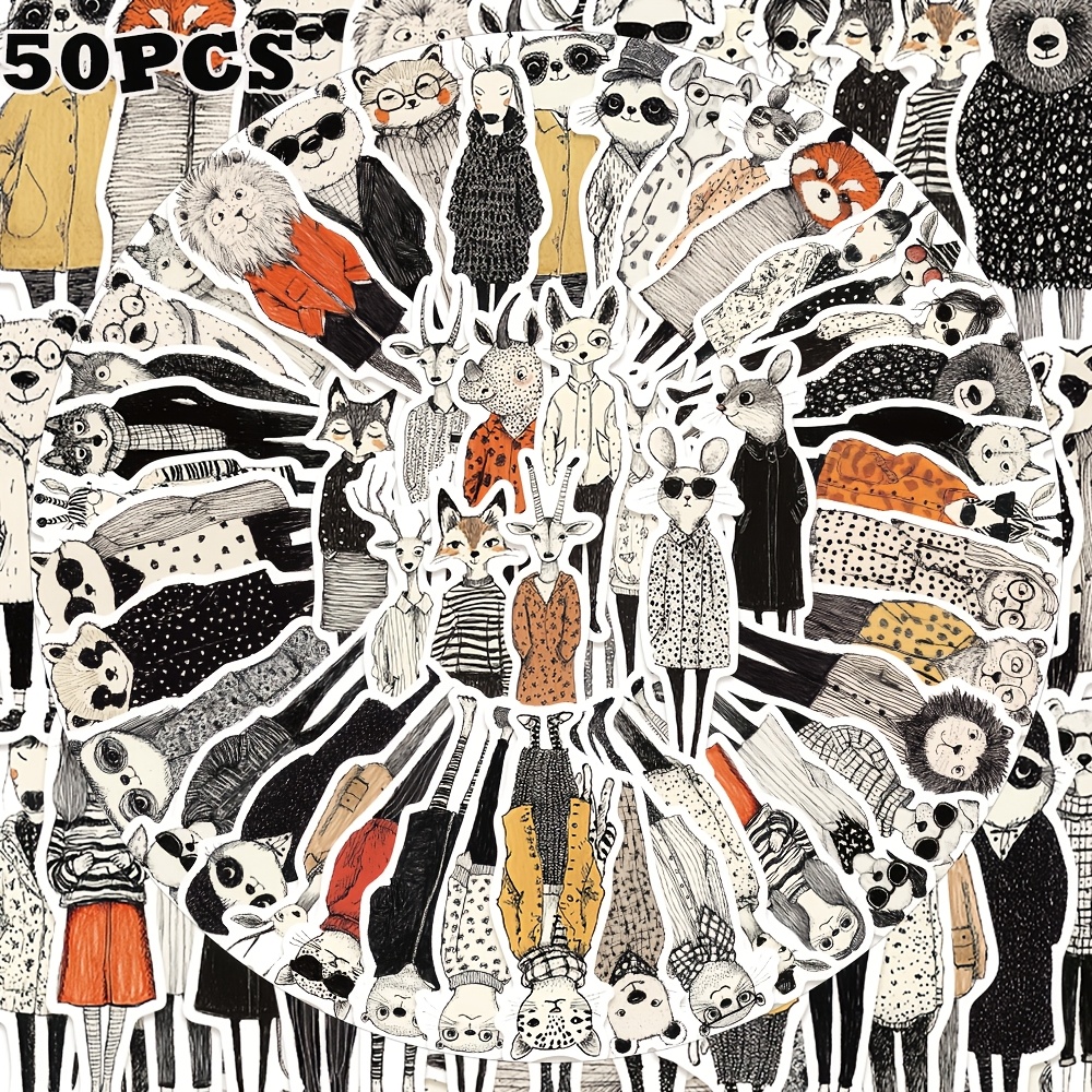 Image of 50pcs Gutbd Retro Stickers, Cartoon Pvc Decals With , Self-adhesive For Laptops, Journals, Scrapbooks, Luggage & Phone Cases - Whimsical Dressed Animals Design