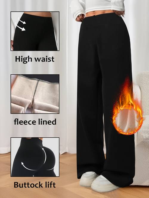1pc of womens fleece lined wide leg pants winter thickened high waisted warm straight leg pants trendy wide leg pants casual and formal loose double sided fleece leg pants womens warm straight leg leggings