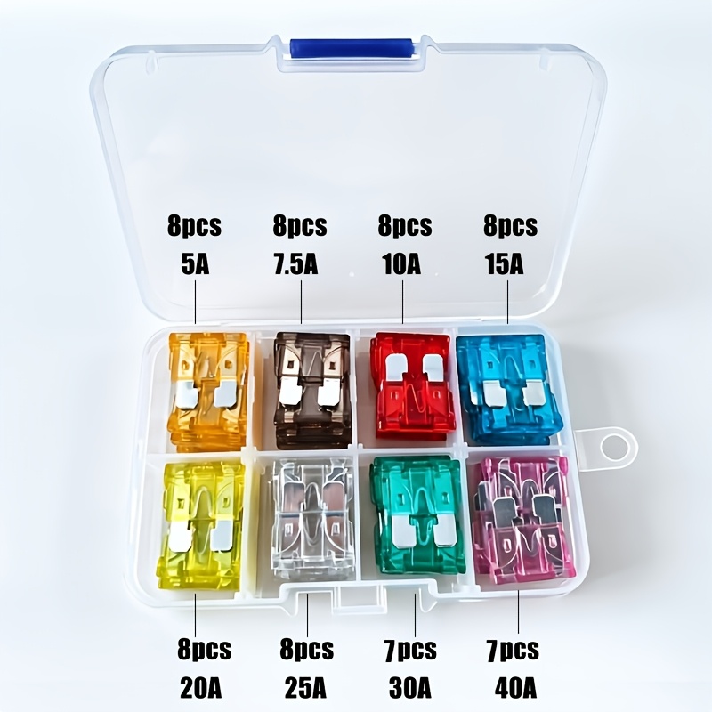 TEMU 62pcs Standard Blade Automotive Fuse Assortment Kit - 5a/7.5a/10a/15a/20a/25a/30a/40a, High-current Fast-blow Fuses For Car, Truck, Motorcycle,