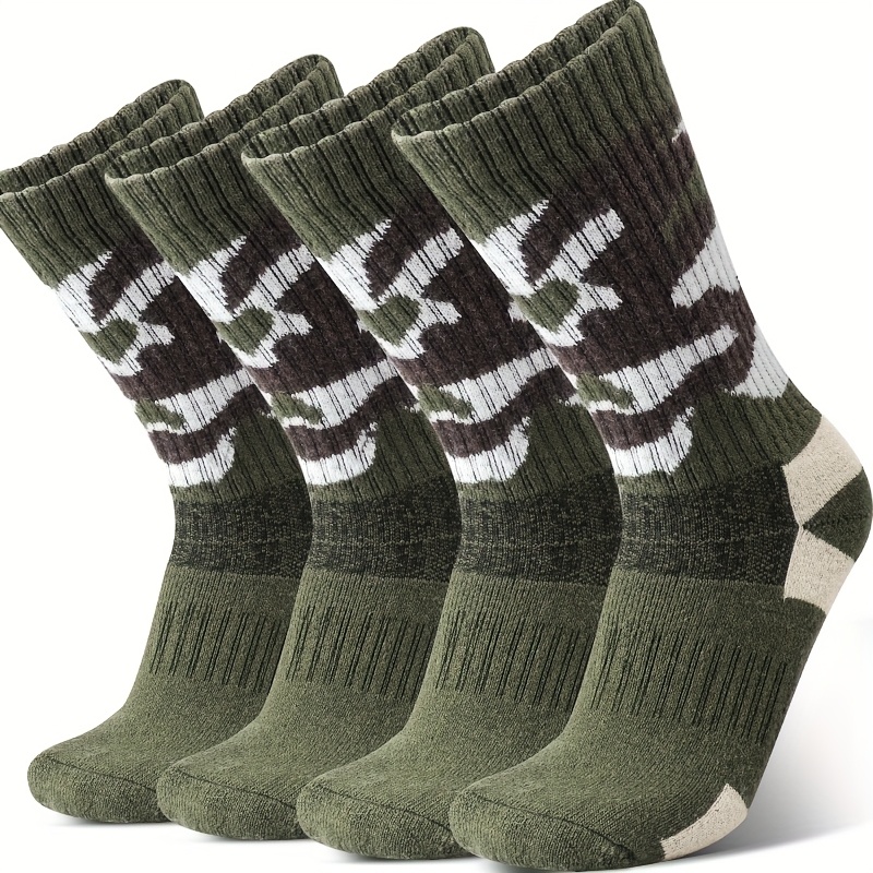 Image of 4pairs Men's Warm Wool Camo Hiking Socks, Winter Thickened Warm Snow Boot Socks, Soft Mid-crew Outdoor Knitted Socks With Elasticity - Ideal For Or Gifts For Men