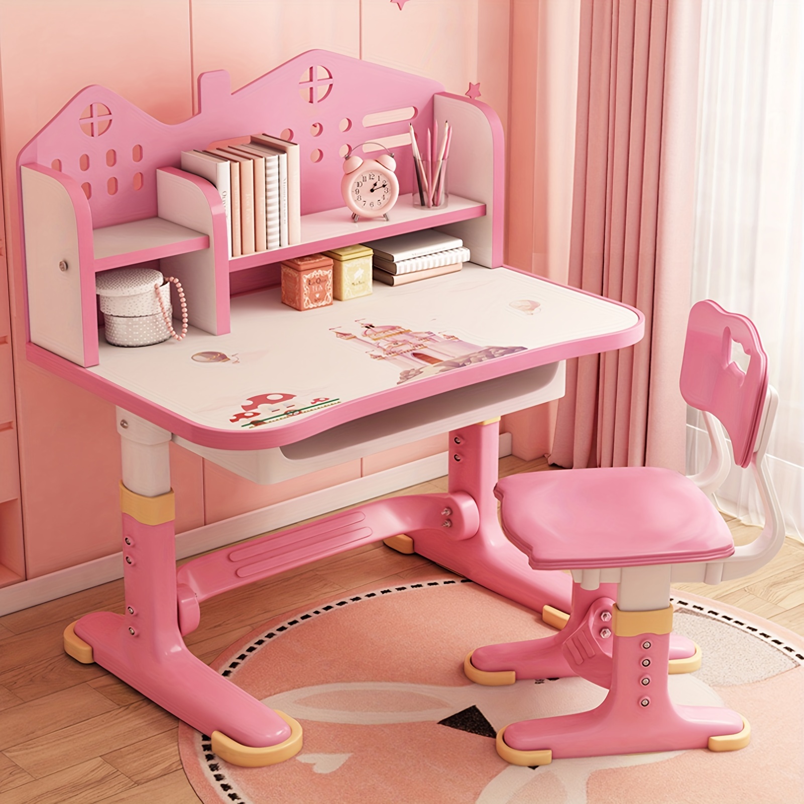 

A 41.37*29.75*24.63 Inches Children's Functional Desk And Chair Set, Height Adjustable Children's School Study Table With Castle Back, Wider Desktop, Bookshelf And Storage Drawer (pink)