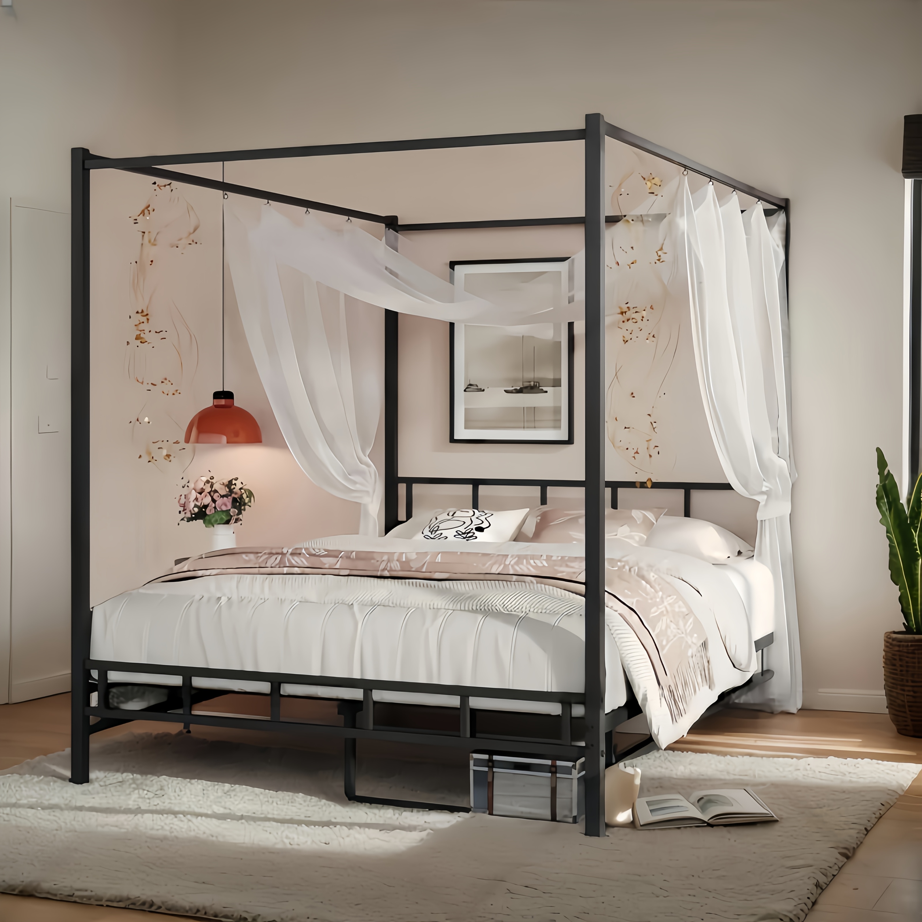 [Queen Canopy Bed Frame] Full Queen Canopy Bed Frame With Headboard And Footboard, Mattress Foundation Platform With Metal Slats Support, No Box Spring Needed, Easy Assembly, Black