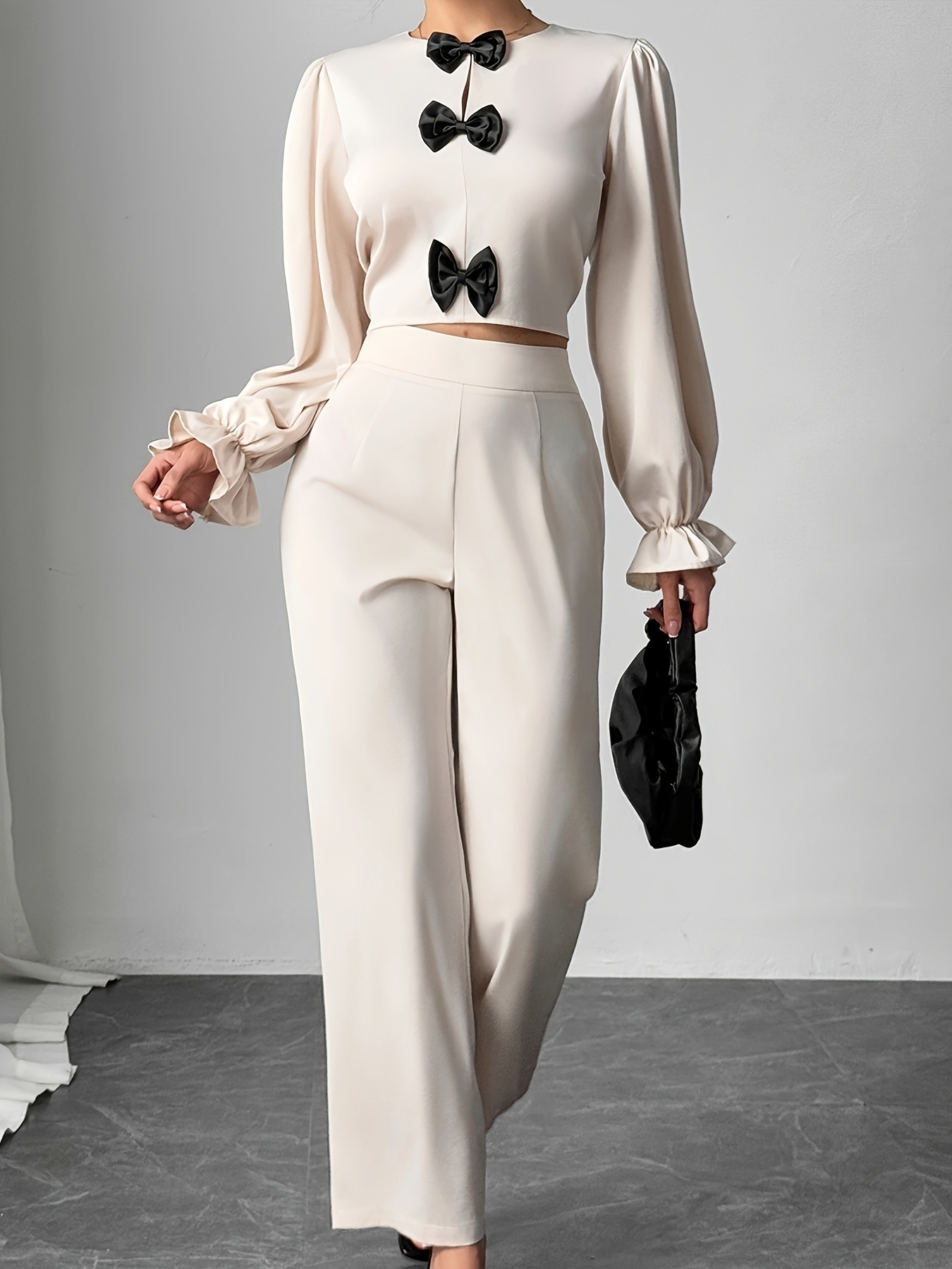 women's elegant ruffle sleeves bow detail beige polyester Temu Oman