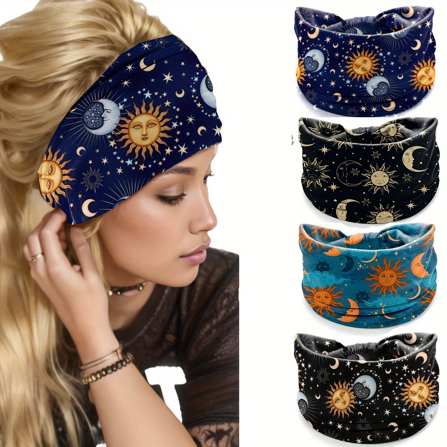 

4pcs/set Moon Sun Pattern Printed Wide Brimmed Head Bands Non Slip Knotted Head Wear Stylish Hair Accessories For Women And Daily Uses